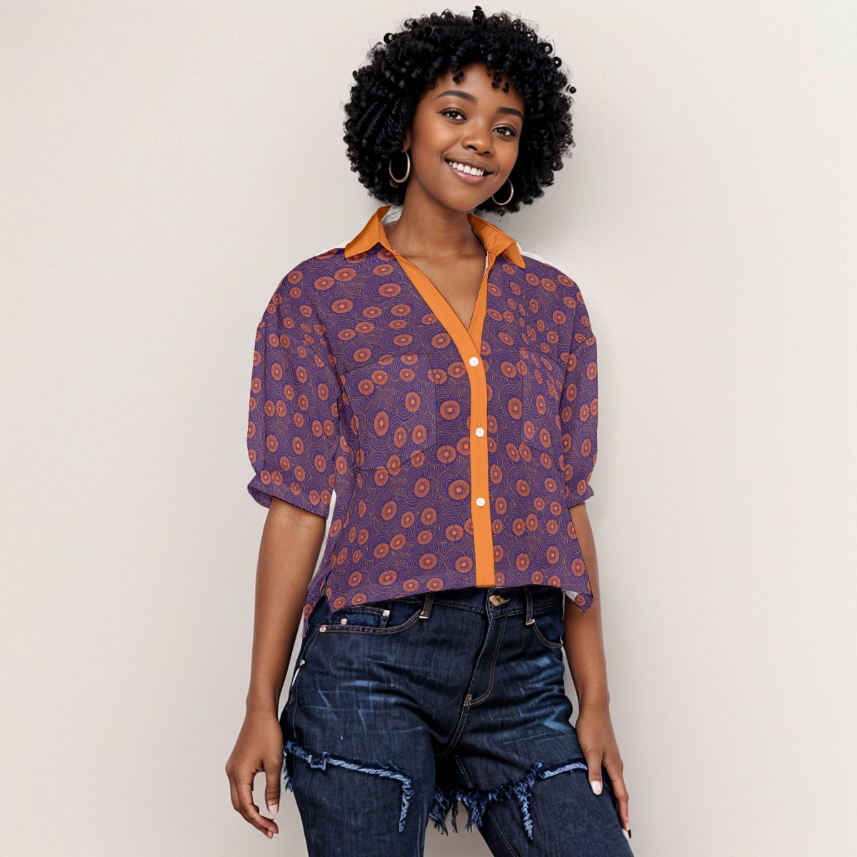 African Spiral Radiance Purple Orange Women's V-Neck Loose Fit Blouse