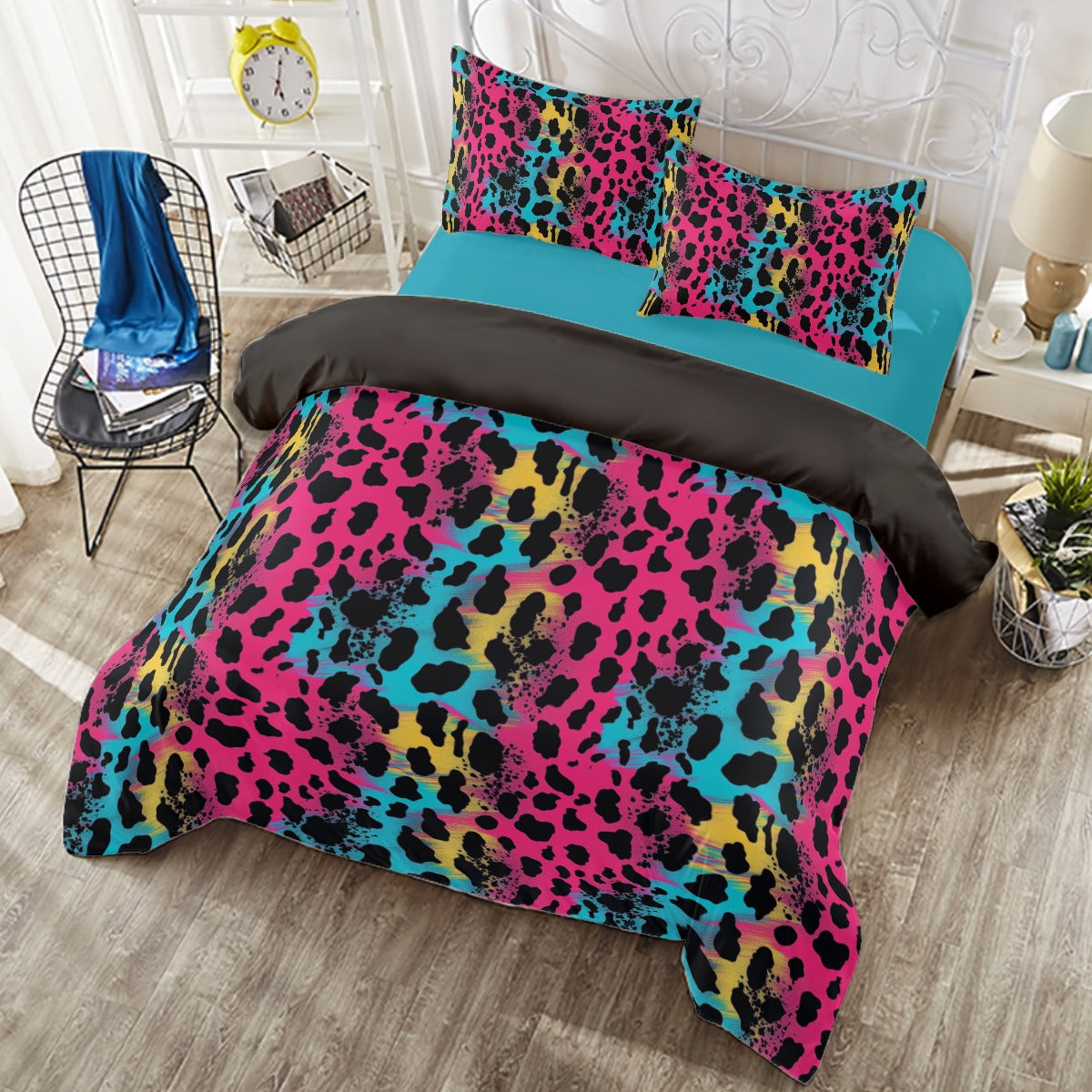 Multicolored Leopard Print 4Piece Duvet Cover Set, Animal Print Room Decor, Artistic Bedspread Set