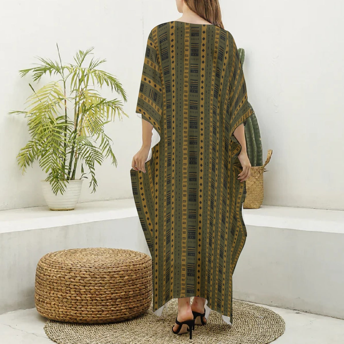 All-Over Print Women's Imitation Silk V-neck Kaftan Robe