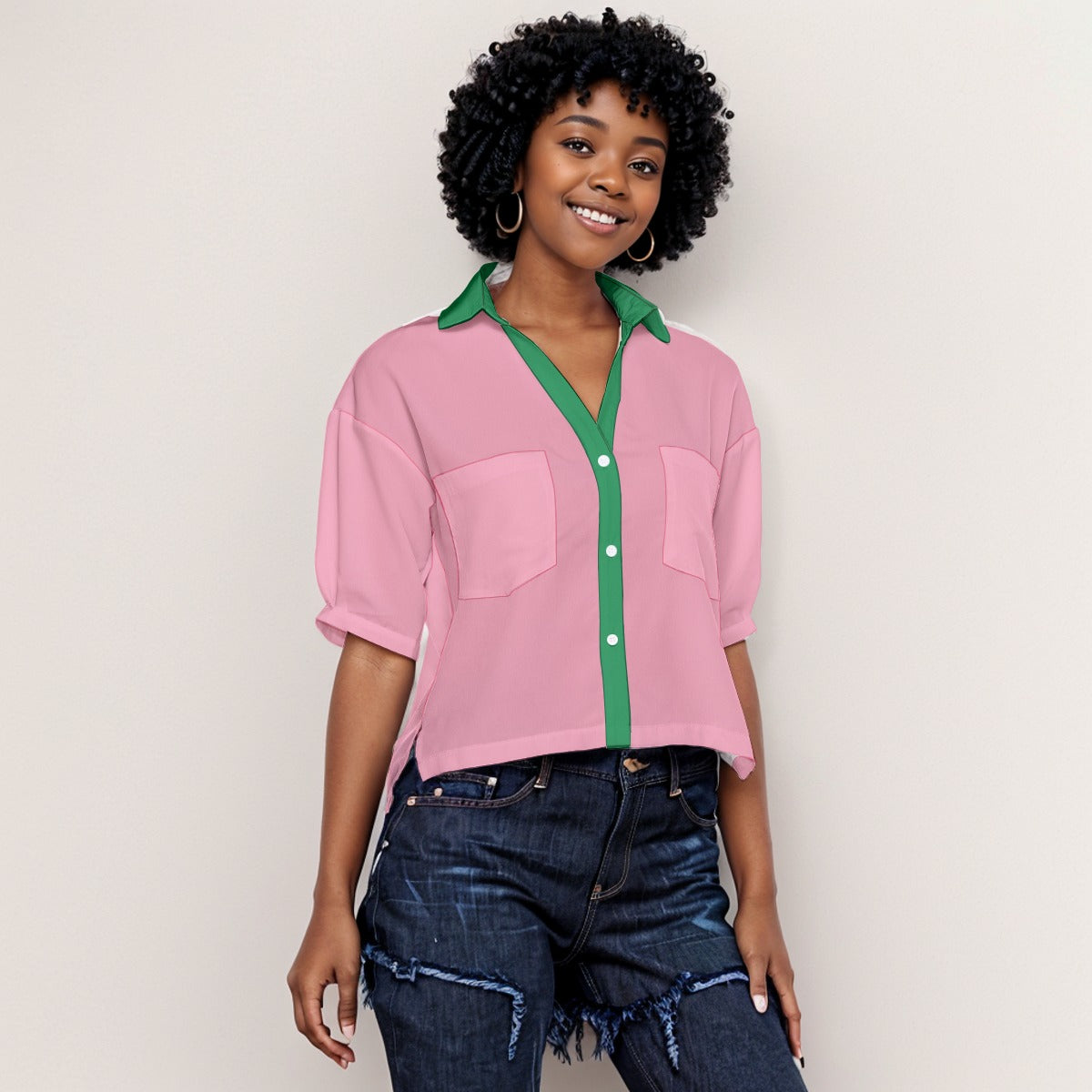 Sorority Spirit V-Neck Shirt in Pink and Green, AKA Inspired Casual Chic Blouse