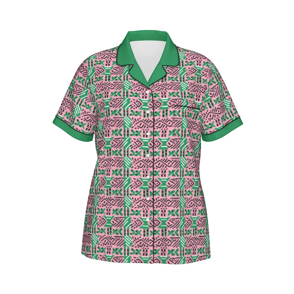 AKA Sorority-Inspired Silk Pajama Set - African Mud Cloth Print with Green Accents