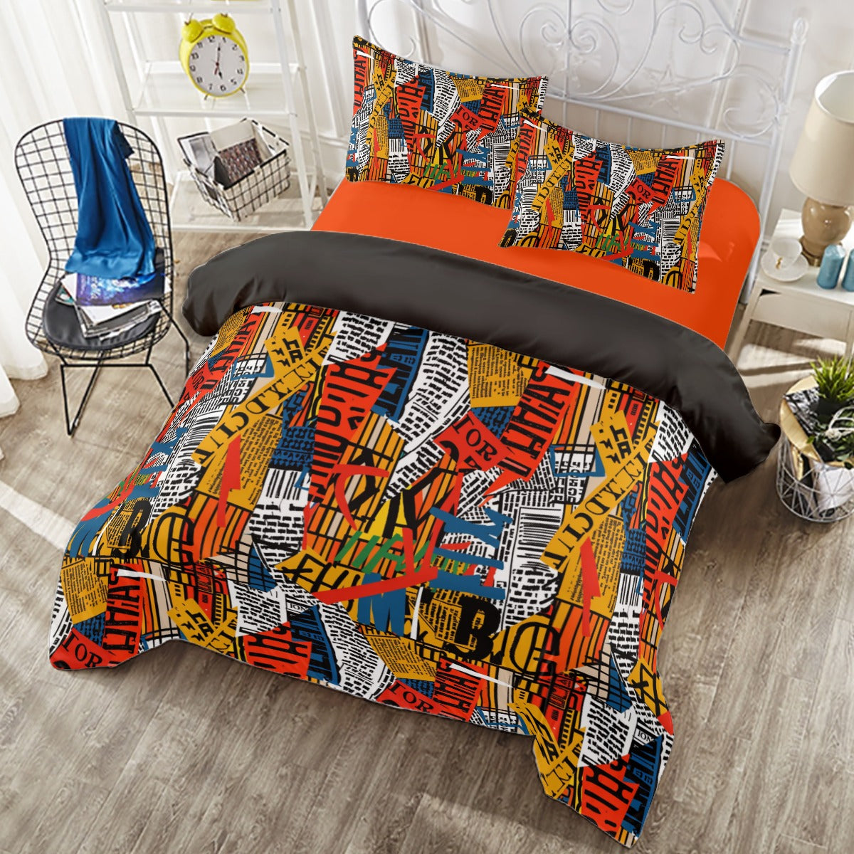 Urban Streetwear Newspaper 4-Piece Duvet Cover Set, Trendy Bedding for Modern Homes