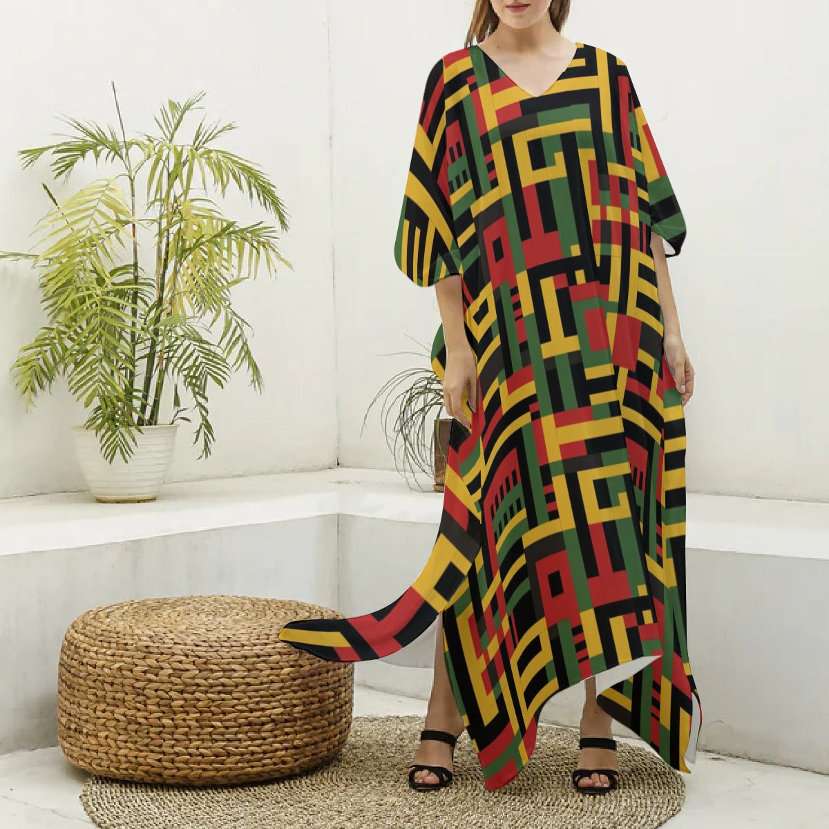 African Kente Cloth Imitation Silk V-neck Kaftan Robe, African Print Resort Fashion