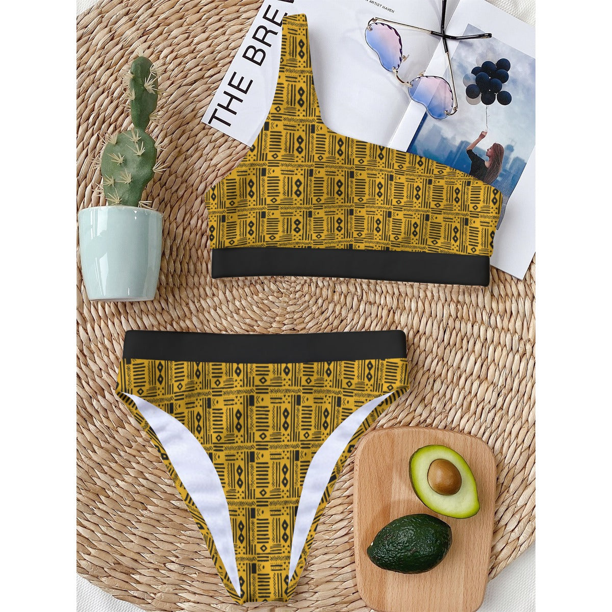 Women's Yellow & Black Single Shoulder African MudCloth Print Bikini, Plus Size African Print Swimwear