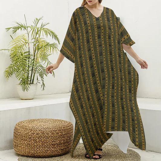 Olive Green Mosaic African Mud Cloth Print Kaftan, Boho Chic Imitation Silk V-Neck Robe