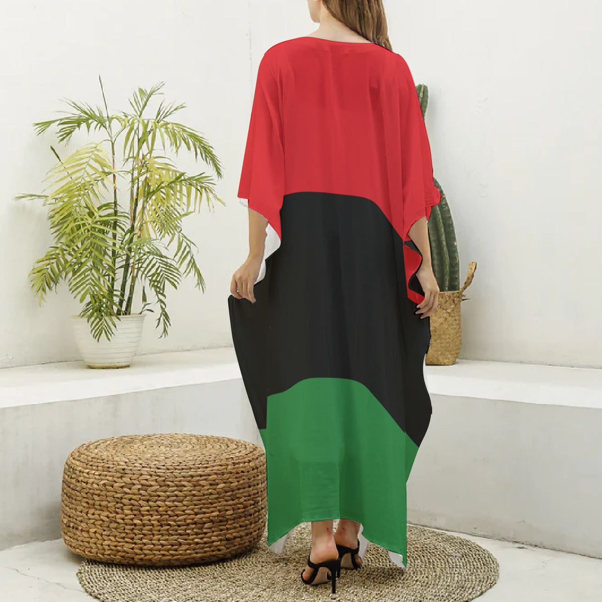 Red, Black, and Green Pan African Pattern V-Neck Silk Life Kaftan