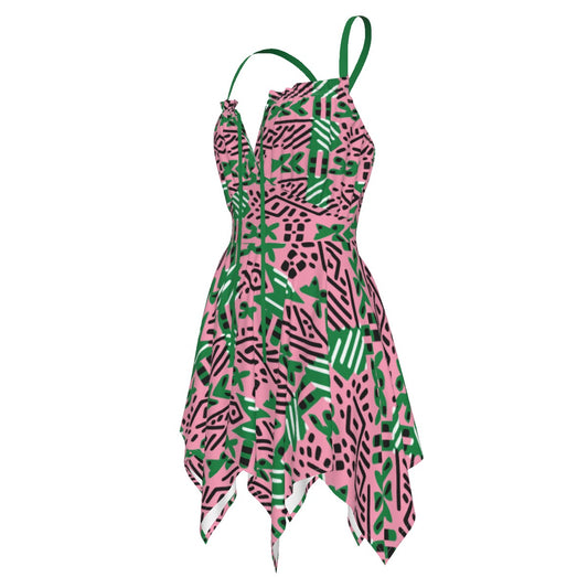 AKA Sorority Pink &amp; Green African Mud Cloth Women’s Summer Beach Dress, Plus Size Ethnic Print Beachwear