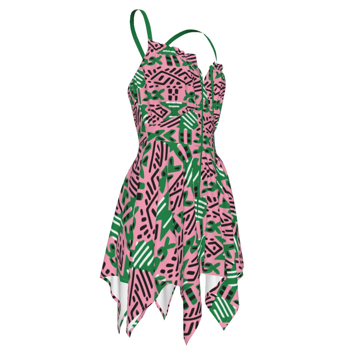 AKA Sorority Pink &amp; Green African Mud Cloth Women’s Summer Beach Dress, Plus Size Ethnic Print Beachwear