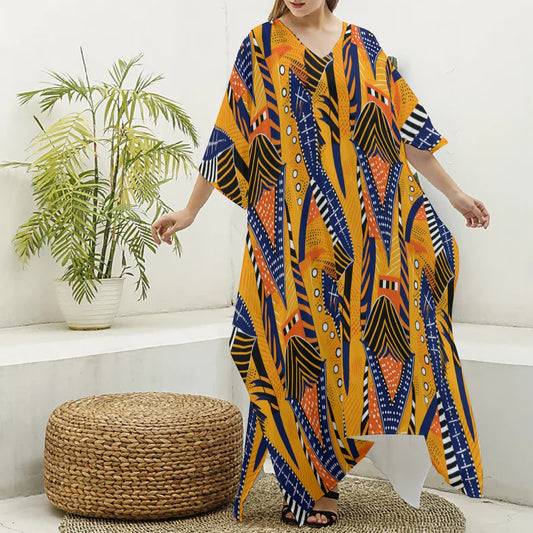 Sunrise African Print Kaftan Robe, Kente Imitation Silk V-Neck Coverup