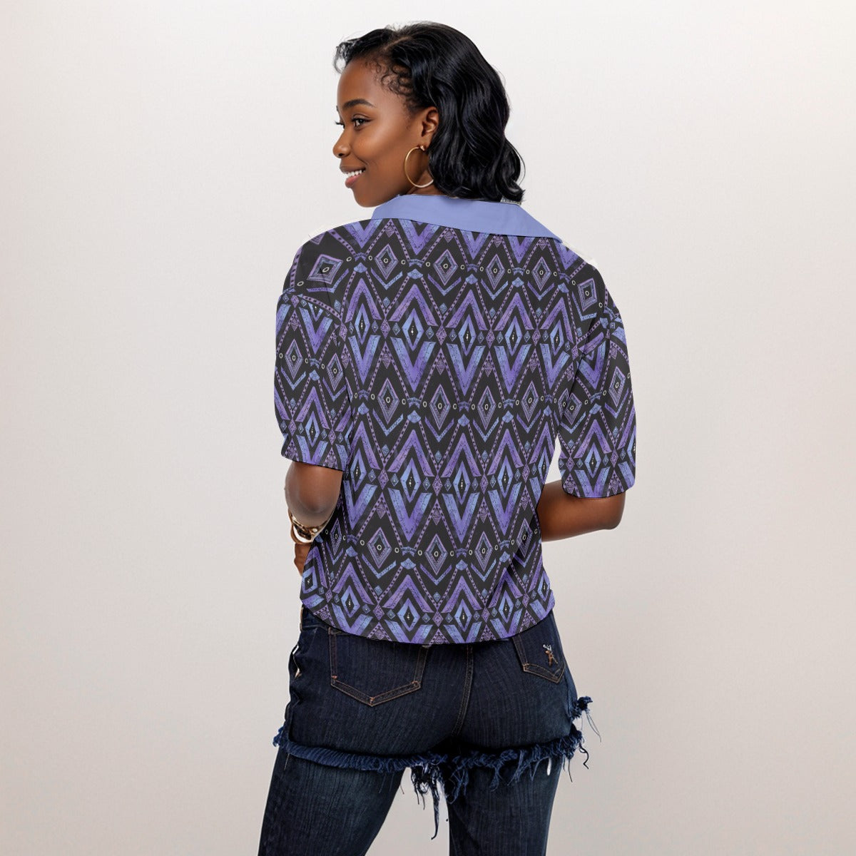 Women V-neck African Print Women's Shirt, Purple Cultural Blouse, Women's Loose-Fit Top