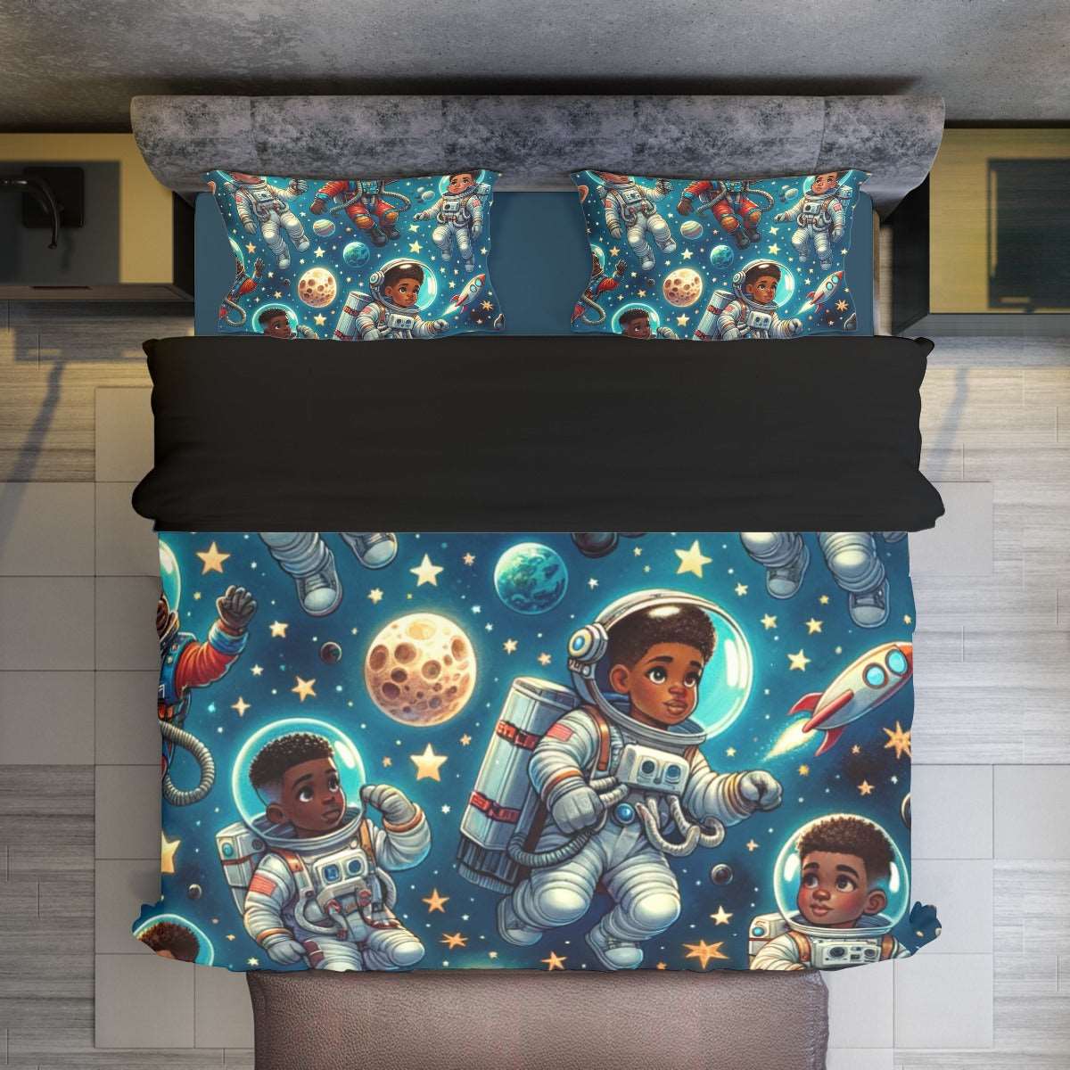 Astronaut-Themed 4 Piece Duvet Cover Set, Space Exploration Bedding Set, Black Boy Joy Space-Themed