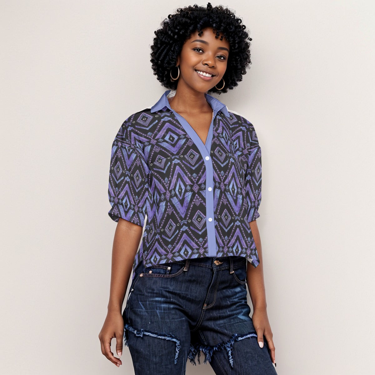 Women V-neck African Print Women's Shirt, Purple Cultural Blouse, Women's Loose-Fit Top