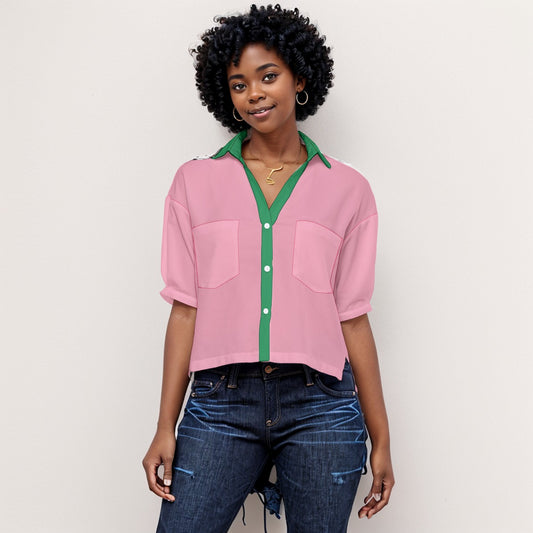 Sorority Spirit V-Neck Shirt in Pink and Green, AKA Inspired Casual Chic Blouse