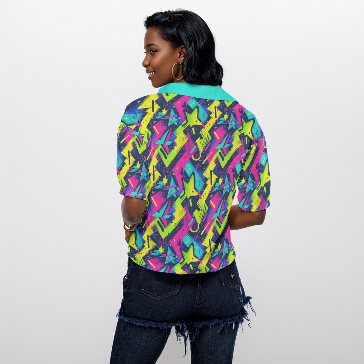 Women's Neon Green Hot Pink Blue Graffiti Street Art V-Neck Shirt, Streetwear Loose Fit Button Up