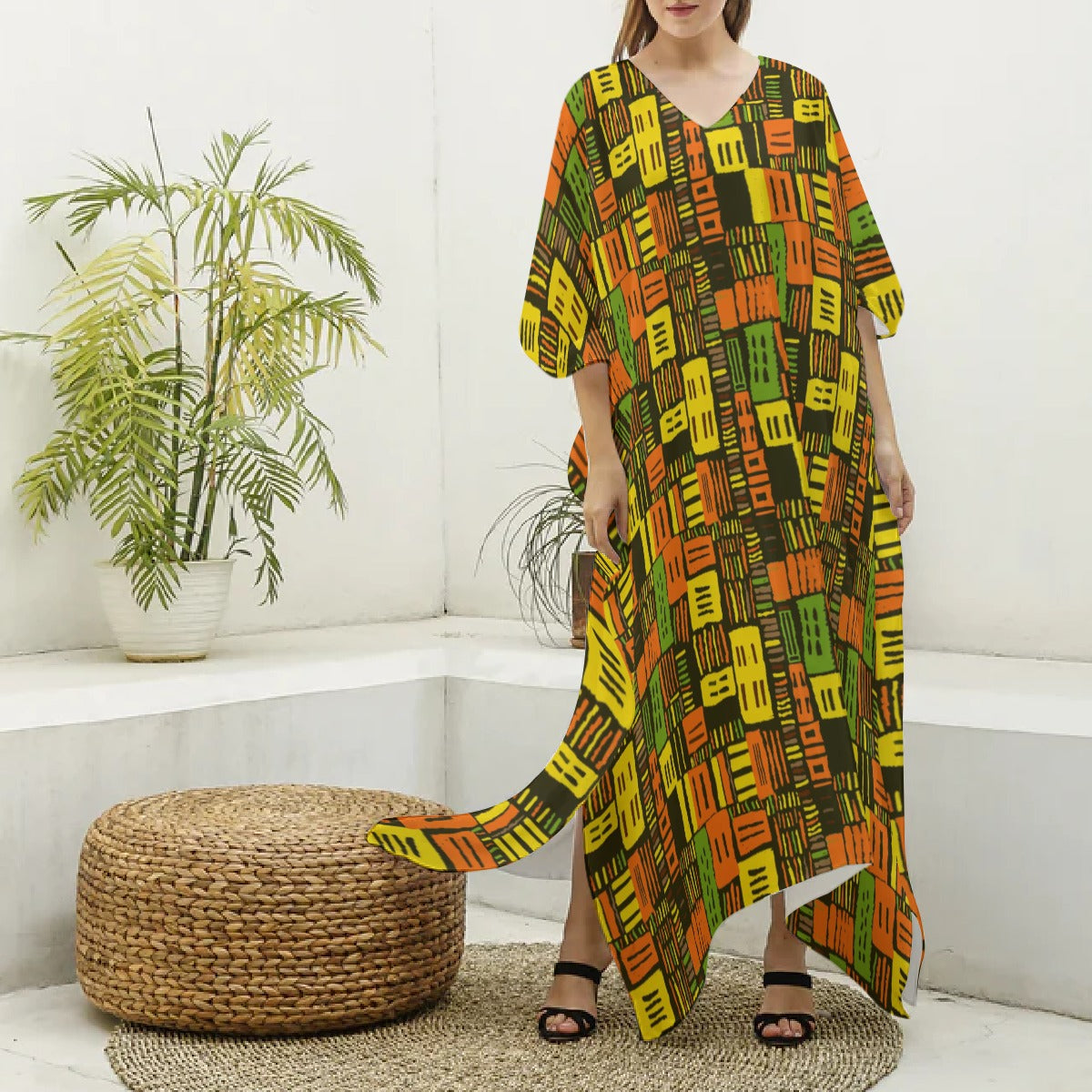 Vibrant Kente Elegance Kaftan, African Mud Cloth Inspired Robe, African Print Cover Up