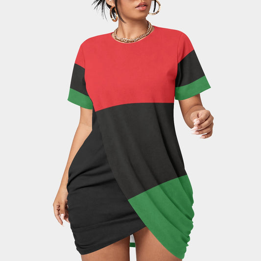 Red Black & Green Plus Size Women’s Stacked Hem Dress, Pan African Flag Pattern Short Sleeve Dress