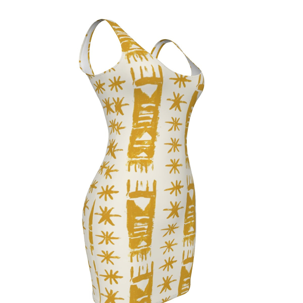 Earthy Yellow and Cream African Mud Cloth Print Bodycon Dress, Plus Size Tribal Print Dress