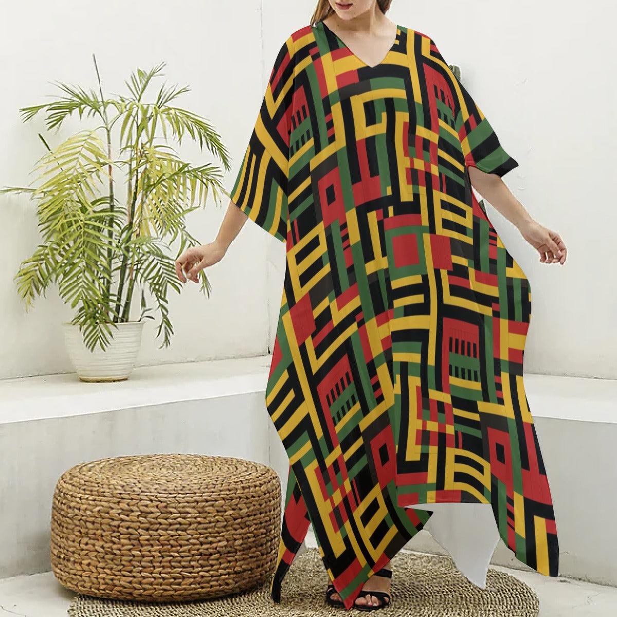 African Kente Cloth Imitation Silk V-neck Kaftan Robe, African Print Resort Fashion