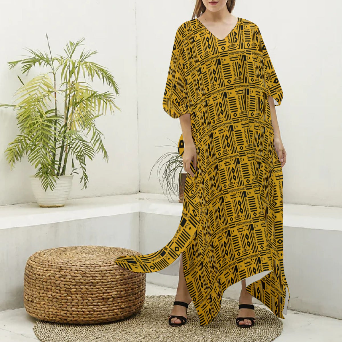 Women's Yellow & Black African MudCloth V-neck Kaftan Robe