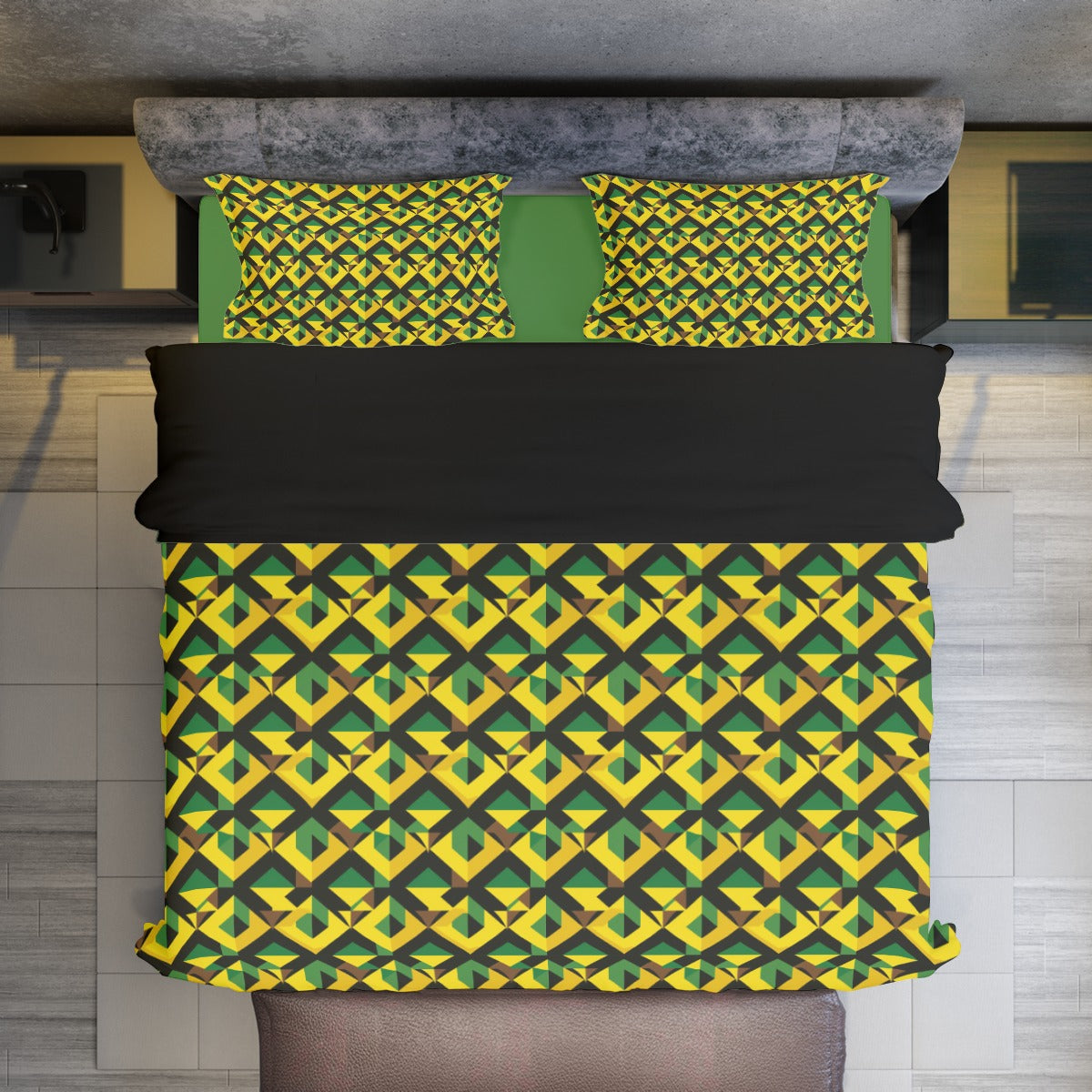 Jamaican Flag Duvet Cover Set, Green Black Yellow Duvet, Caribbean Energy Bedding, Island Vibes Bedroom Decor,