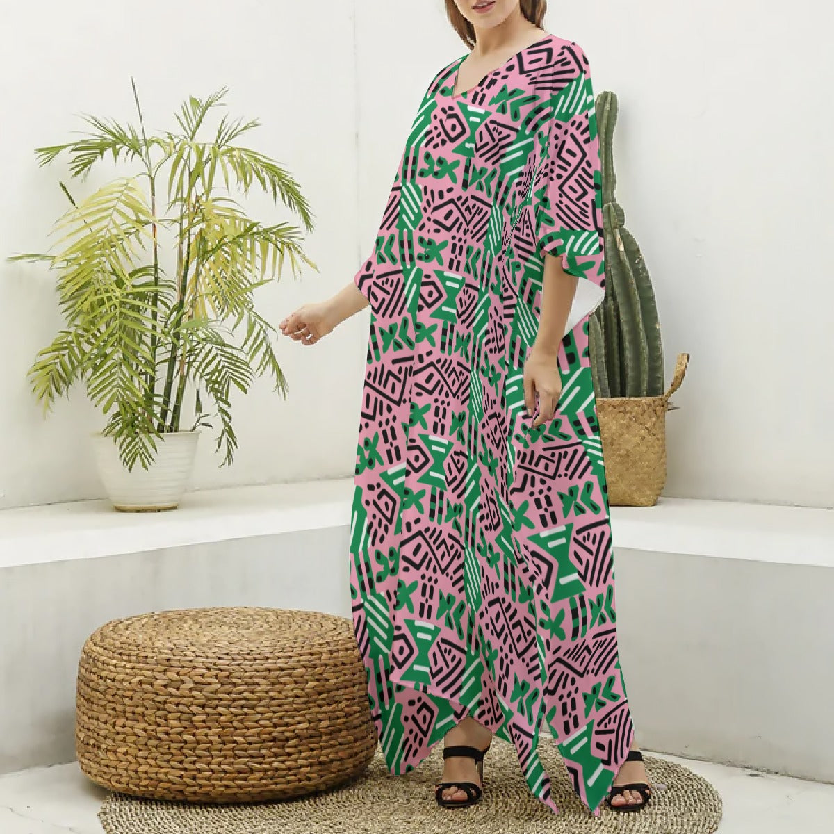 AKA Sorority Color Tribute African Mud Cloth Kaftan Dress, Pink & Green Imitation Silk Robe