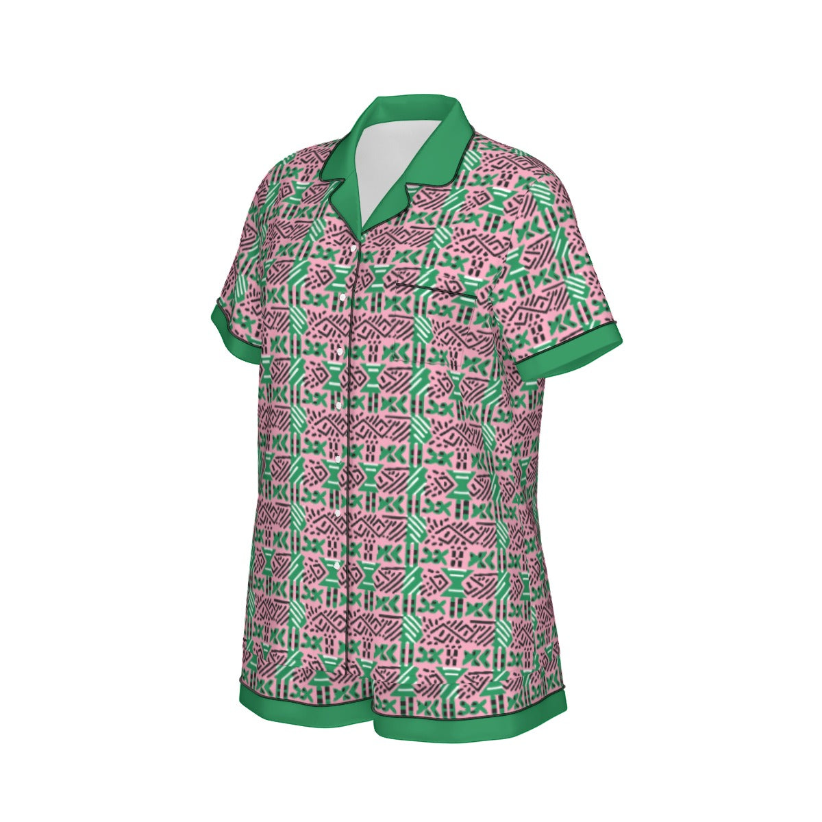 AKA Sorority-Inspired Silk Pajama Set - African Mud Cloth Print with Green Accents