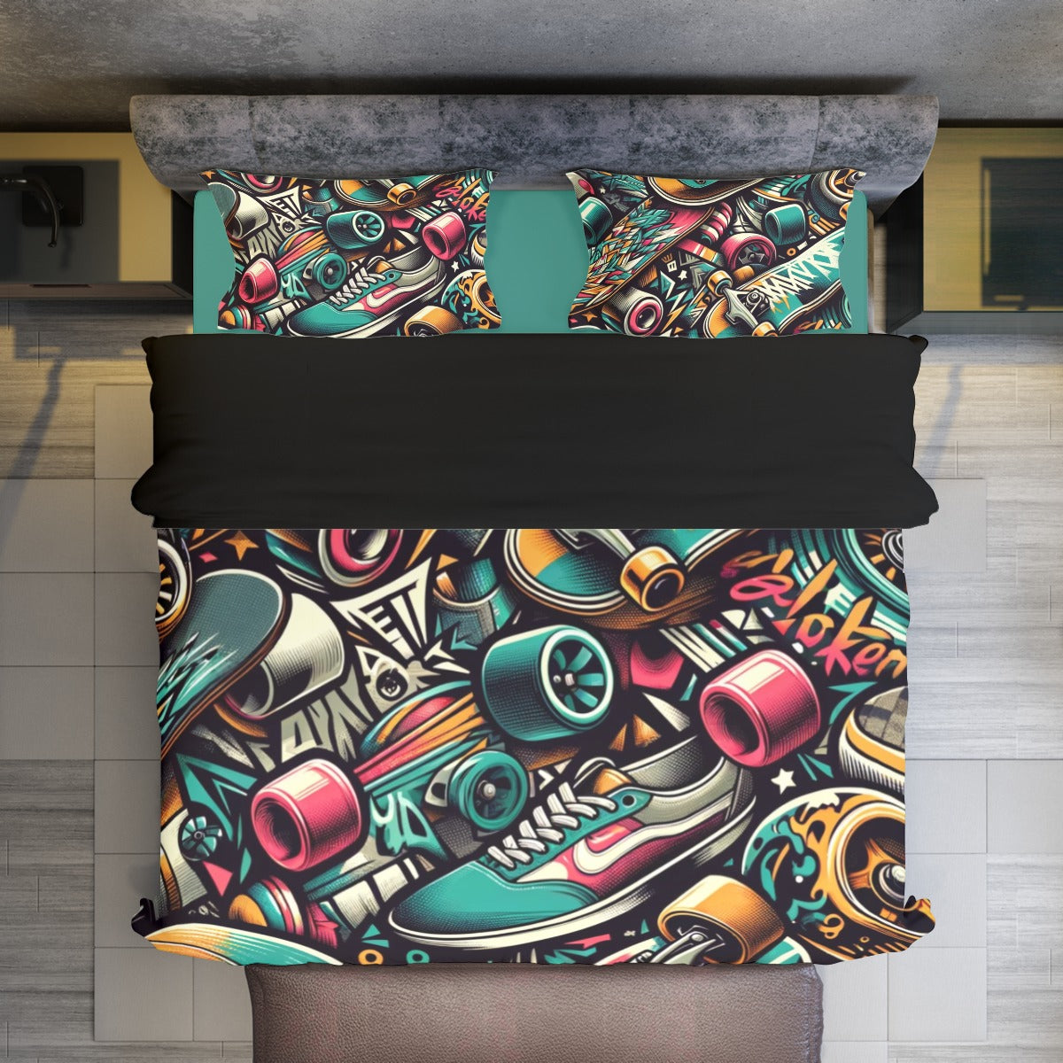 Skate Culture Graffiti Art 4 Piece Duvet Cover Set, Urban Street Style Bedding