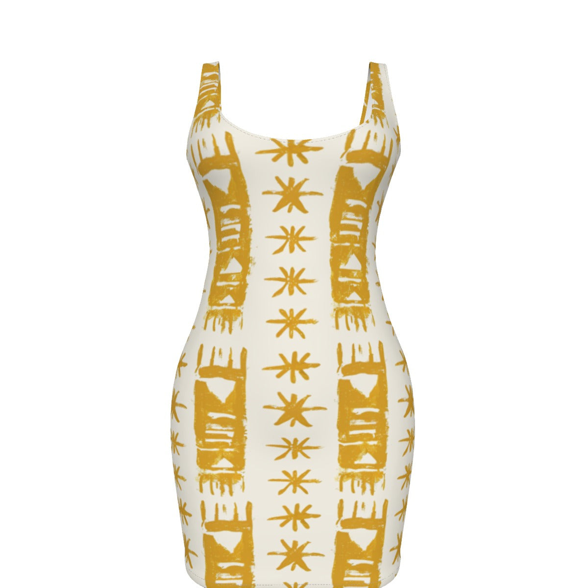 Earthy Yellow and Cream African Mud Cloth Print Bodycon Dress, Plus Size Tribal Print Dress