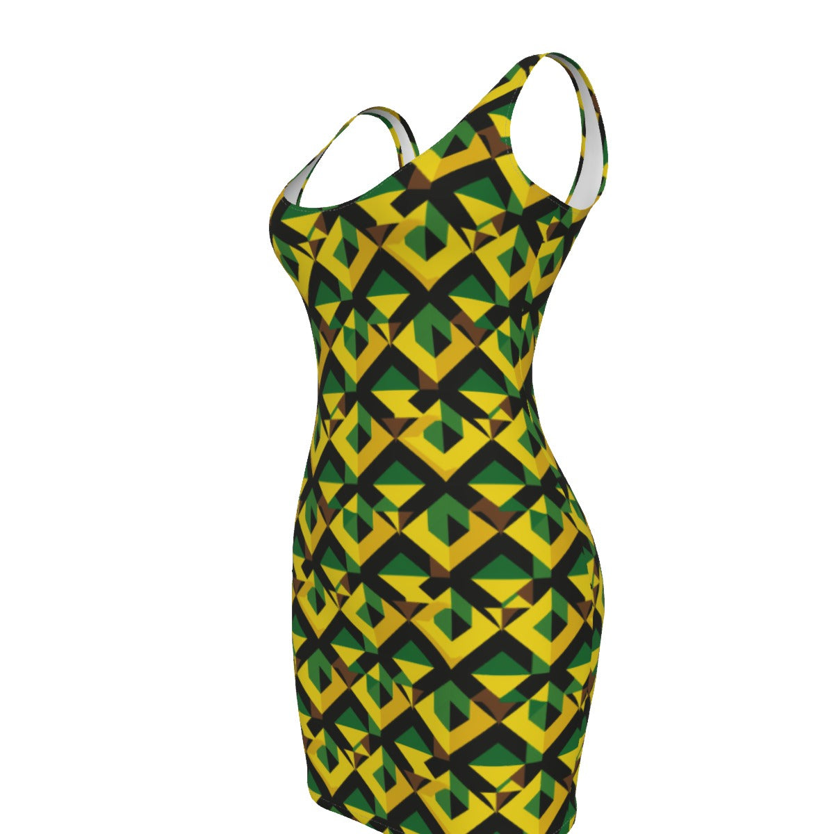 Jamaican Flag Inspired Bodycon Dress, Green, Yellow, and Black Geometric Print Caribbean Themed Apparel,