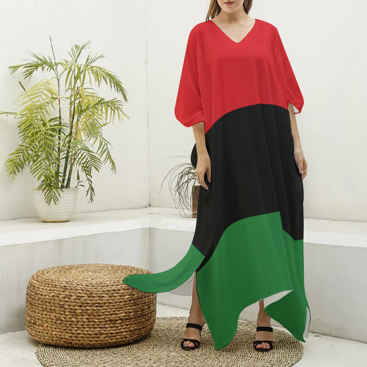 Red, Black, and Green Pan African Pattern V-Neck Silk Life Kaftan