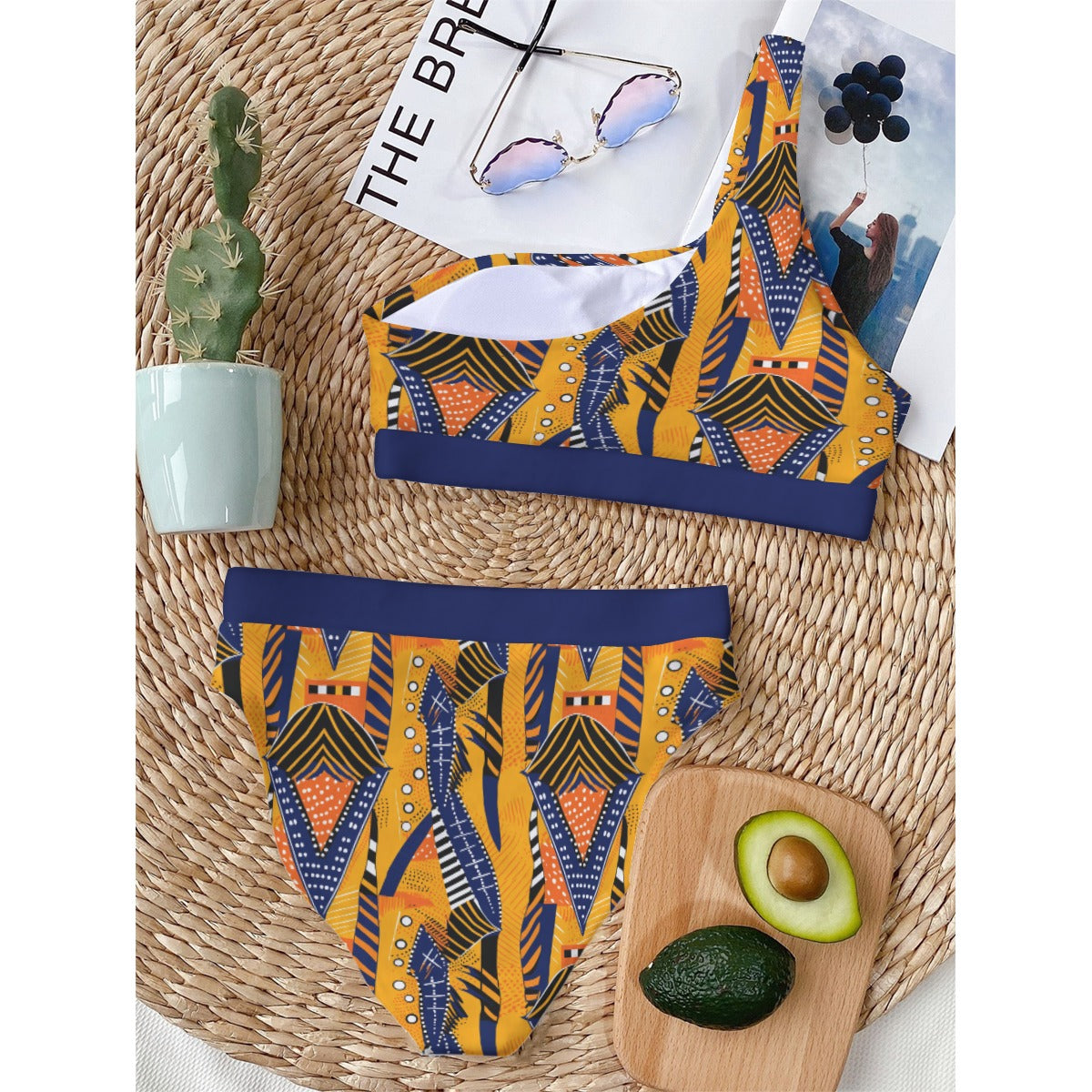 Ethnic-Inspired Orange & Navy One-Shoulder Bikini, Tribal Print Women's Swimwear with Single Strap