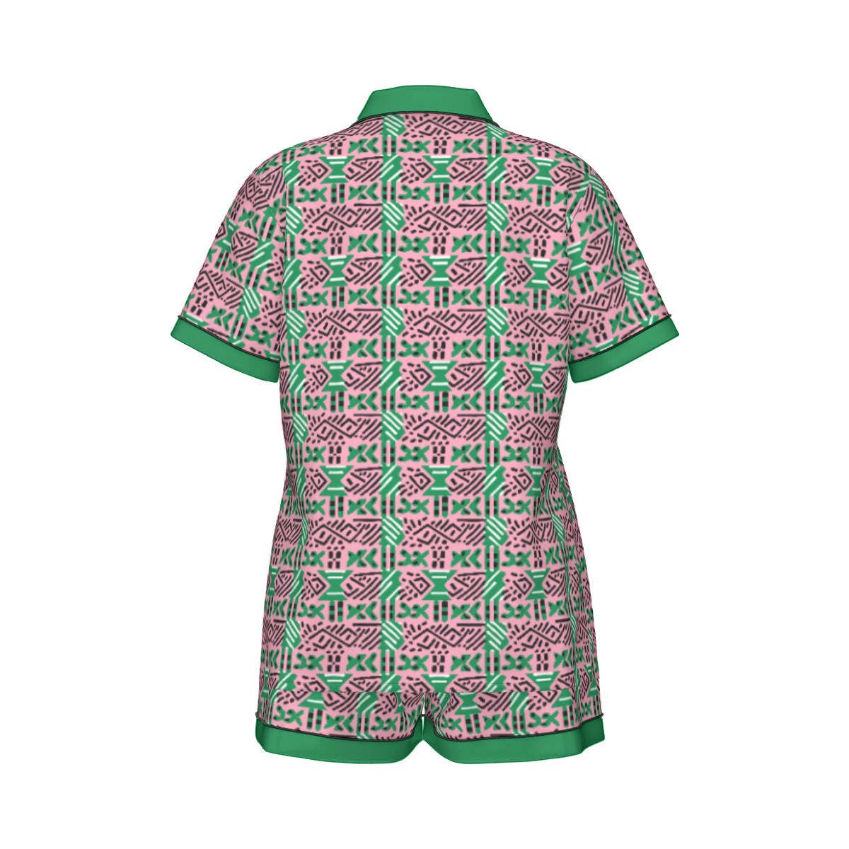 AKA Sorority-Inspired Silk Pajama Set - African Mud Cloth Print with Green Accents