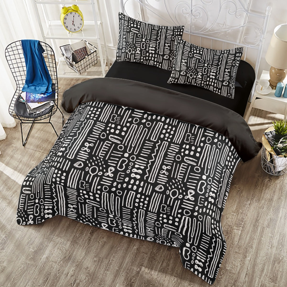 Monochrome Mud Cloth Inspired Print Duvet Cover Set, Contemporary Black and White Bedding