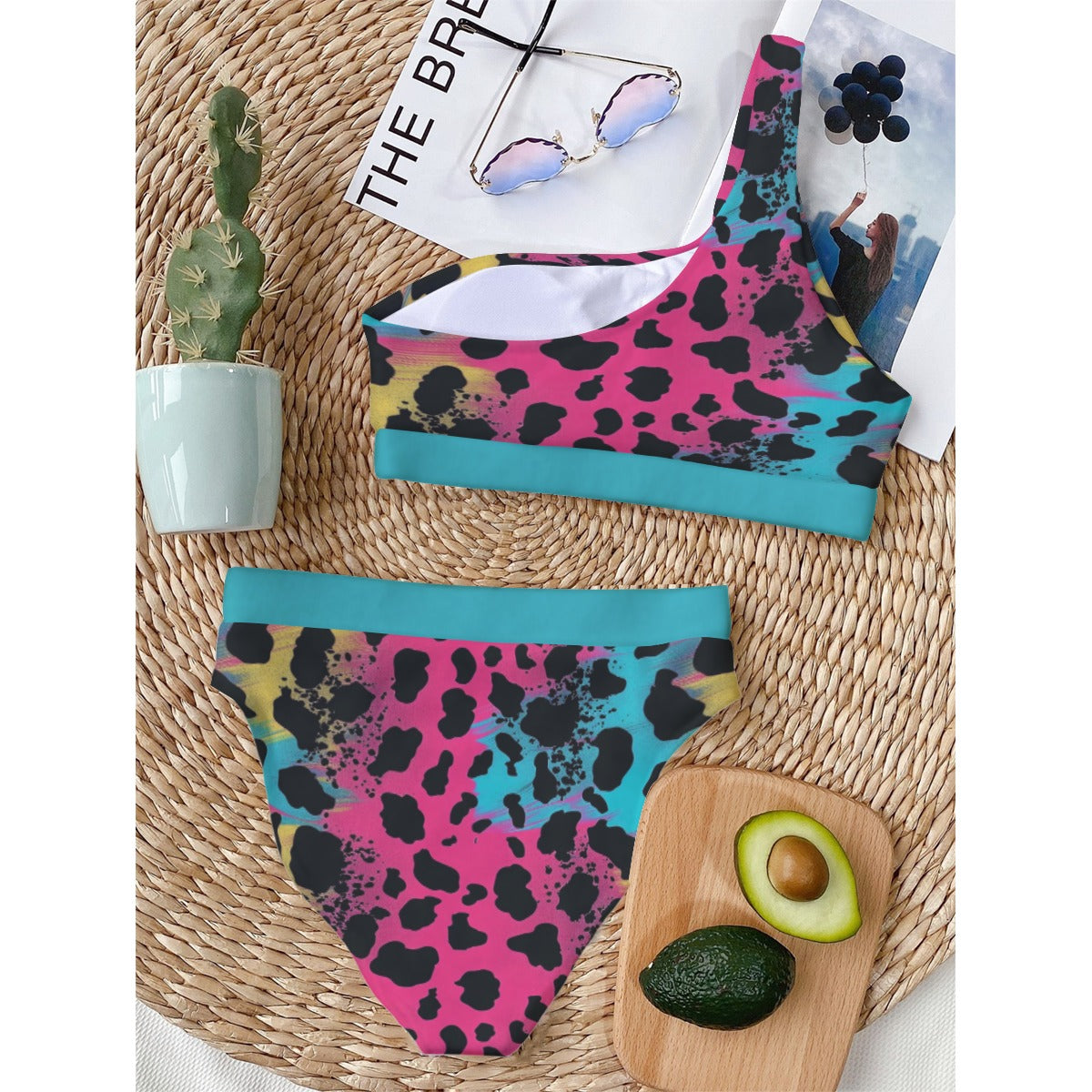 One-Shoulder Leopard Print Bikini with Contrast Hem, Animal Print Swimwear, Rainbow Themed Swimwear