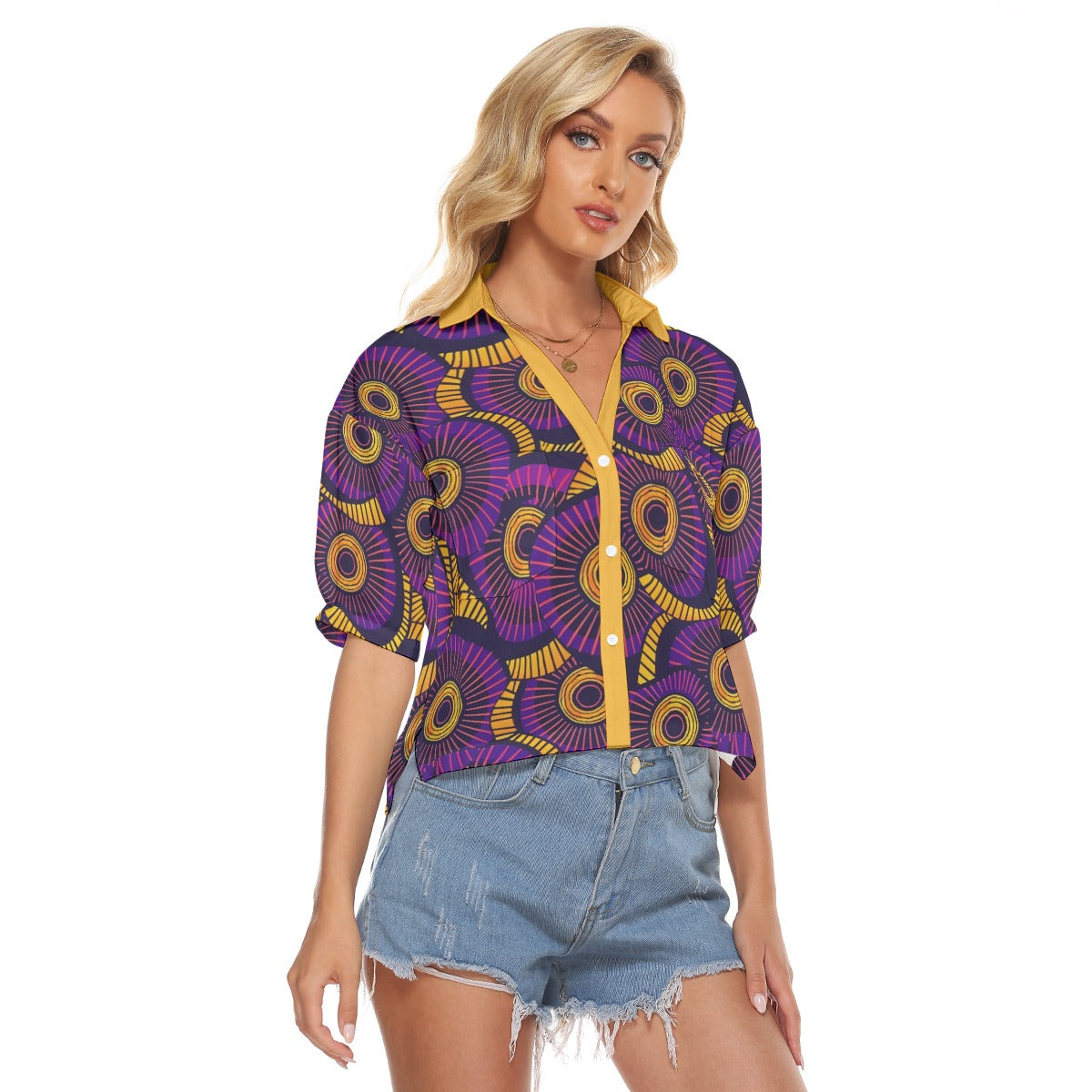 Vibrant African Print Women's V-Neck Shirt - Purple &amp; Orange Loose Fit Blouse