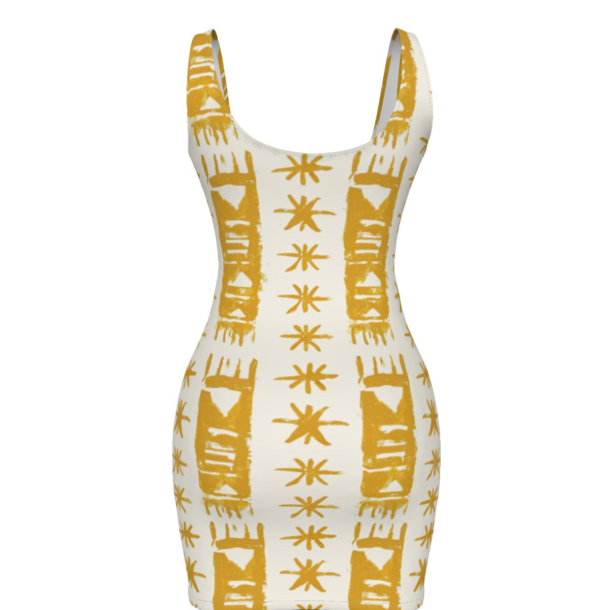 Earthy Yellow and Cream African Mud Cloth Print Bodycon Dress, Plus Size Tribal Print Dress