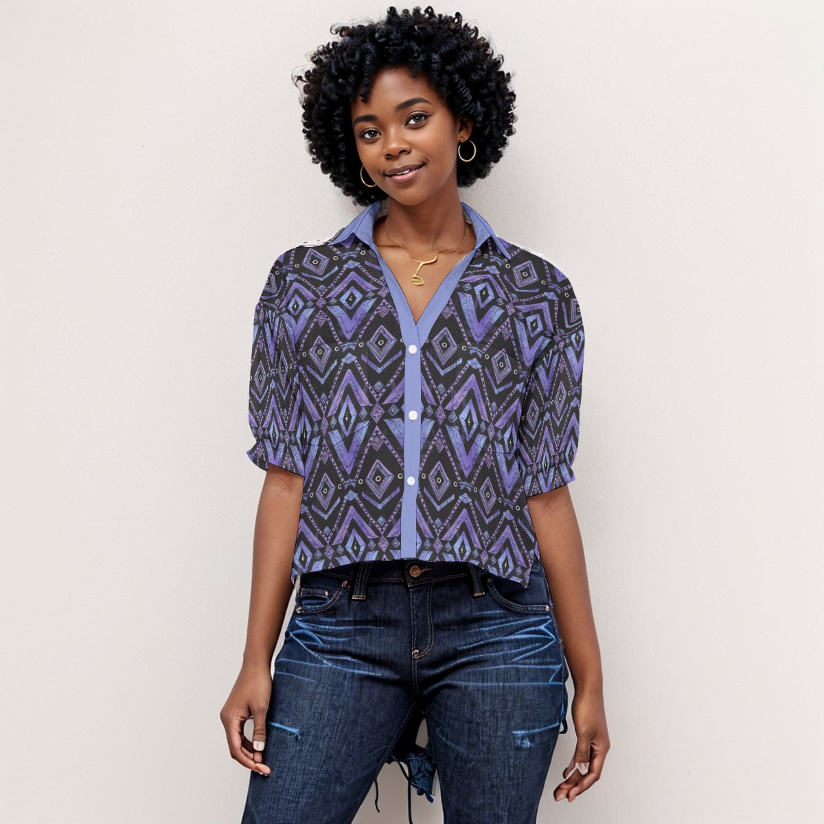 Women V-neck African Print Women's Shirt, Purple Cultural Blouse, Women's Loose-Fit Top