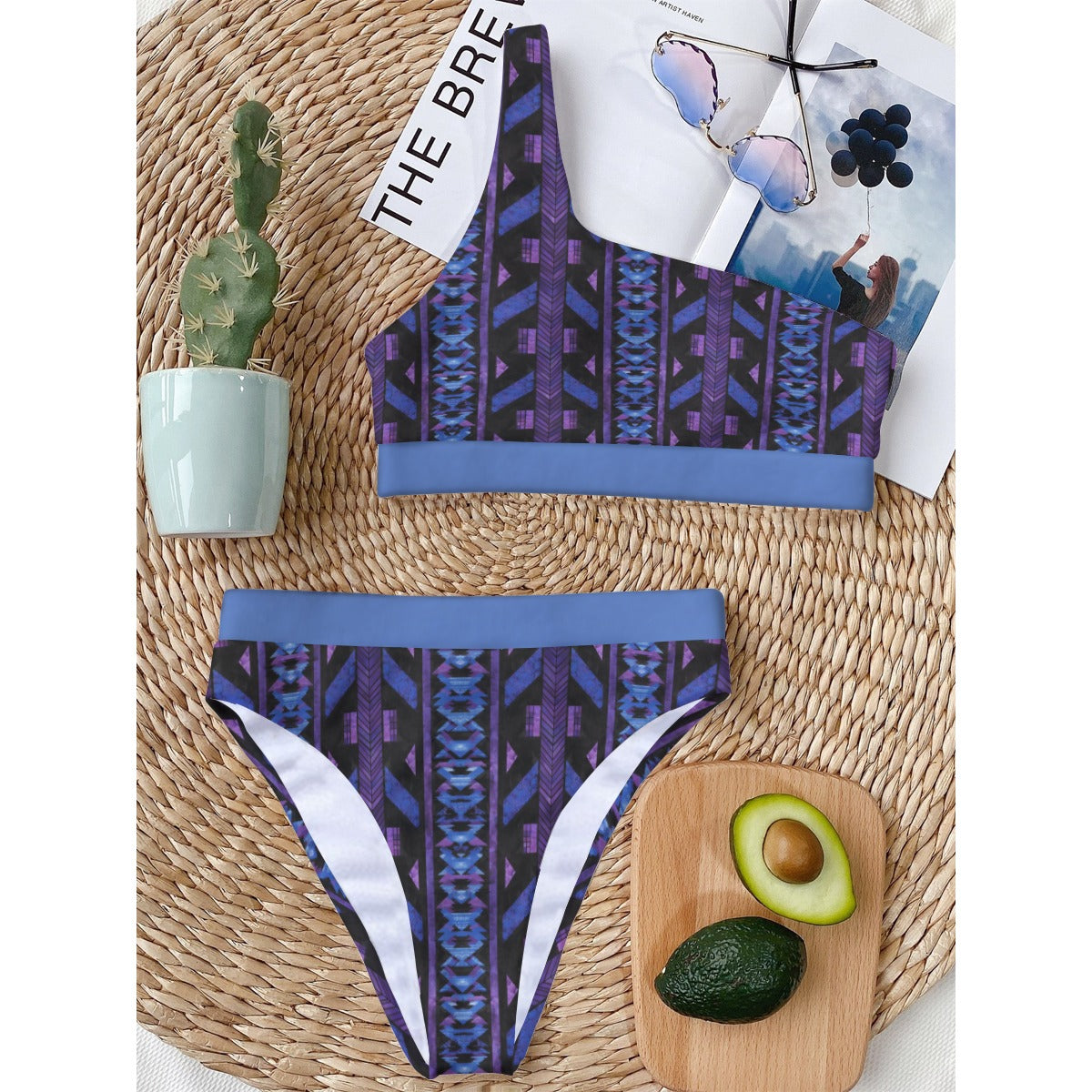 Blue & Purple African Print Single-Shoulder Bikini, African Print Swimsuit, Single-Shoulder Swimwear