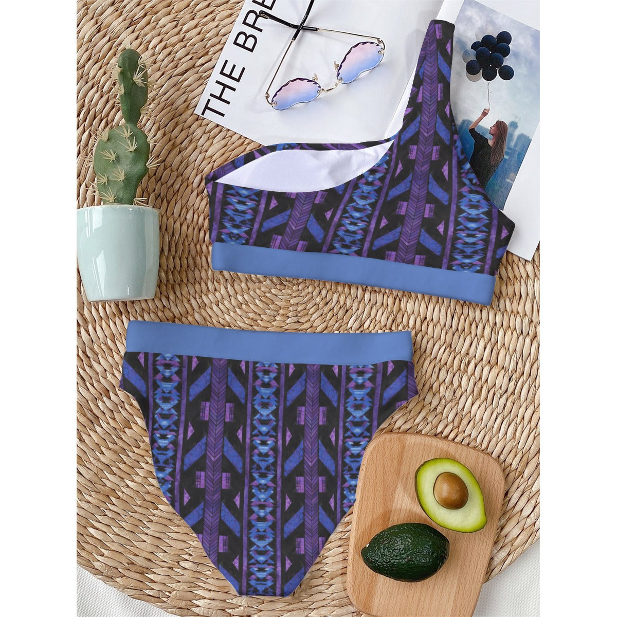 Blue & Purple African Print Single-Shoulder Bikini, African Print Swimsuit, Single-Shoulder Swimwear