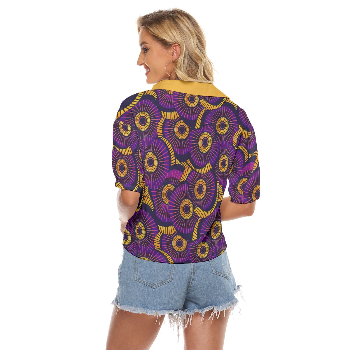 Vibrant African Print Women's V-Neck Shirt - Purple &amp; Orange Loose Fit Blouse