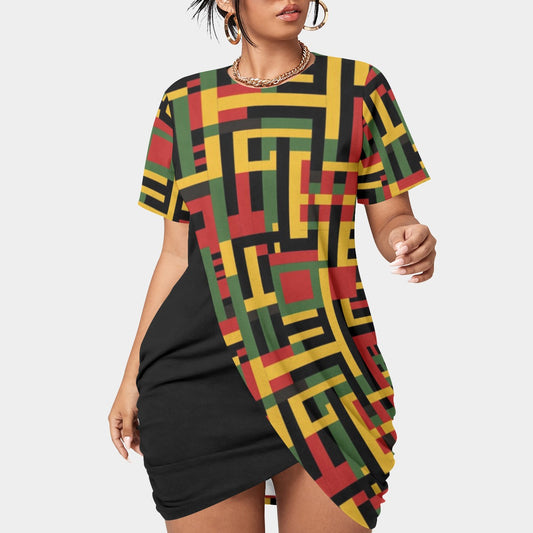 Plus Size Kente Cloth Women’s Stacked Hem Dress, African Print Long T-Shirt Dress