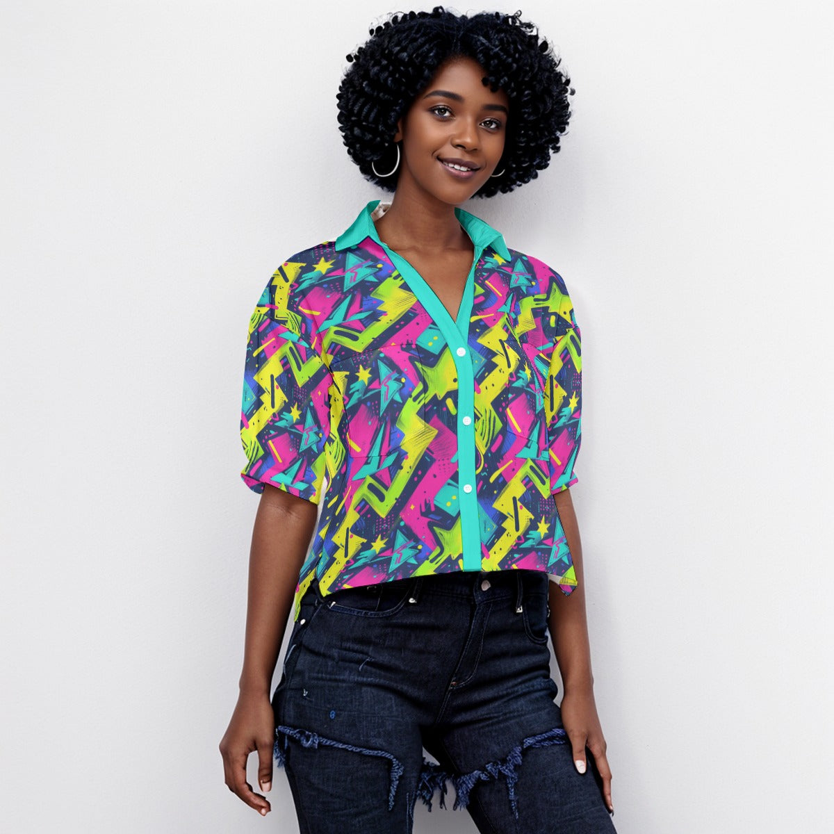 Women's Neon Green Hot Pink Blue Graffiti Street Art V-Neck Shirt, Streetwear Loose Fit Button Up