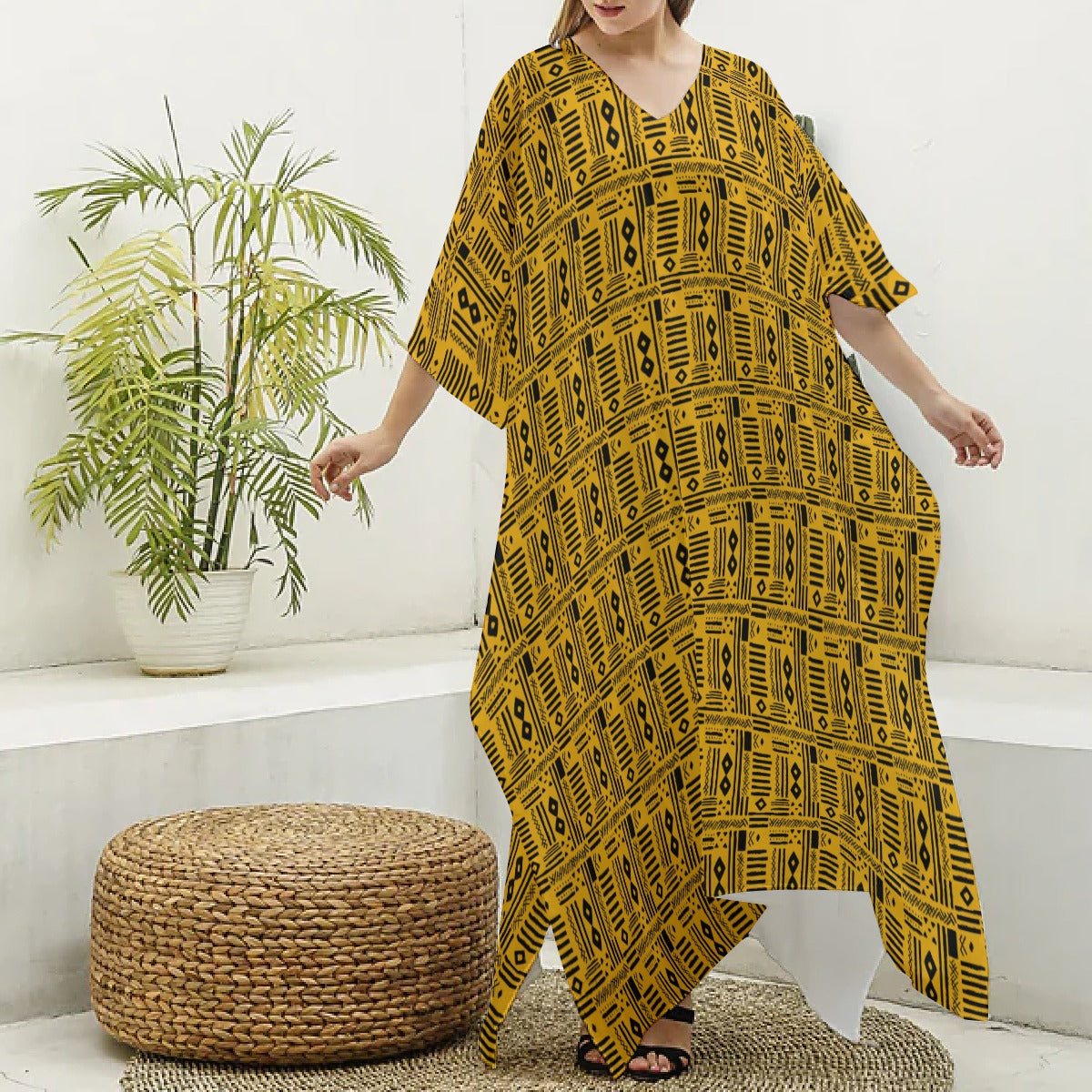 Women's Yellow & Black African MudCloth V-neck Kaftan Robe