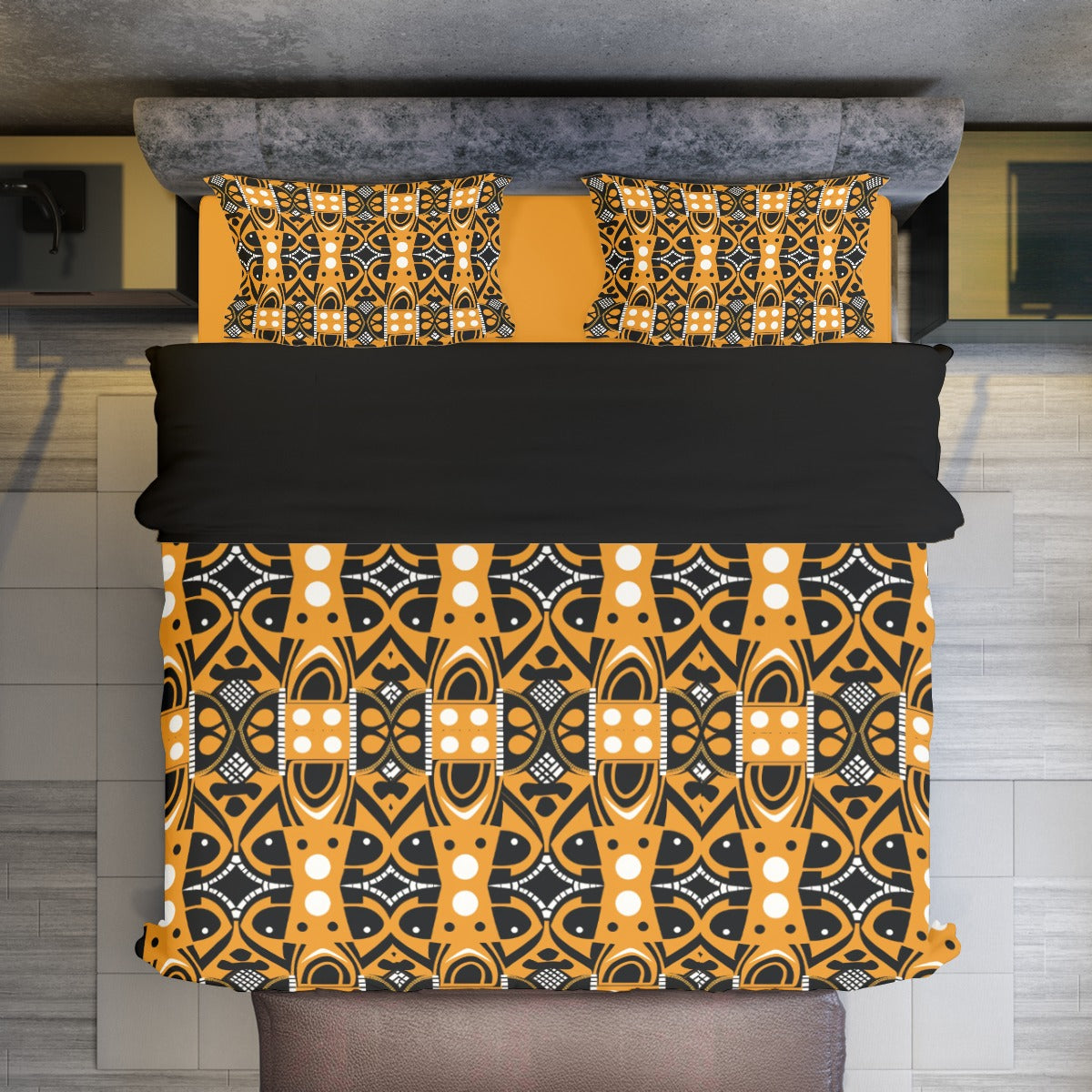 Tribal African Mud Cloth Black & Ochre Pattern Duvet Cover Set, African Pattern Duvet, Bedroom Set, Ethnic Home Decor