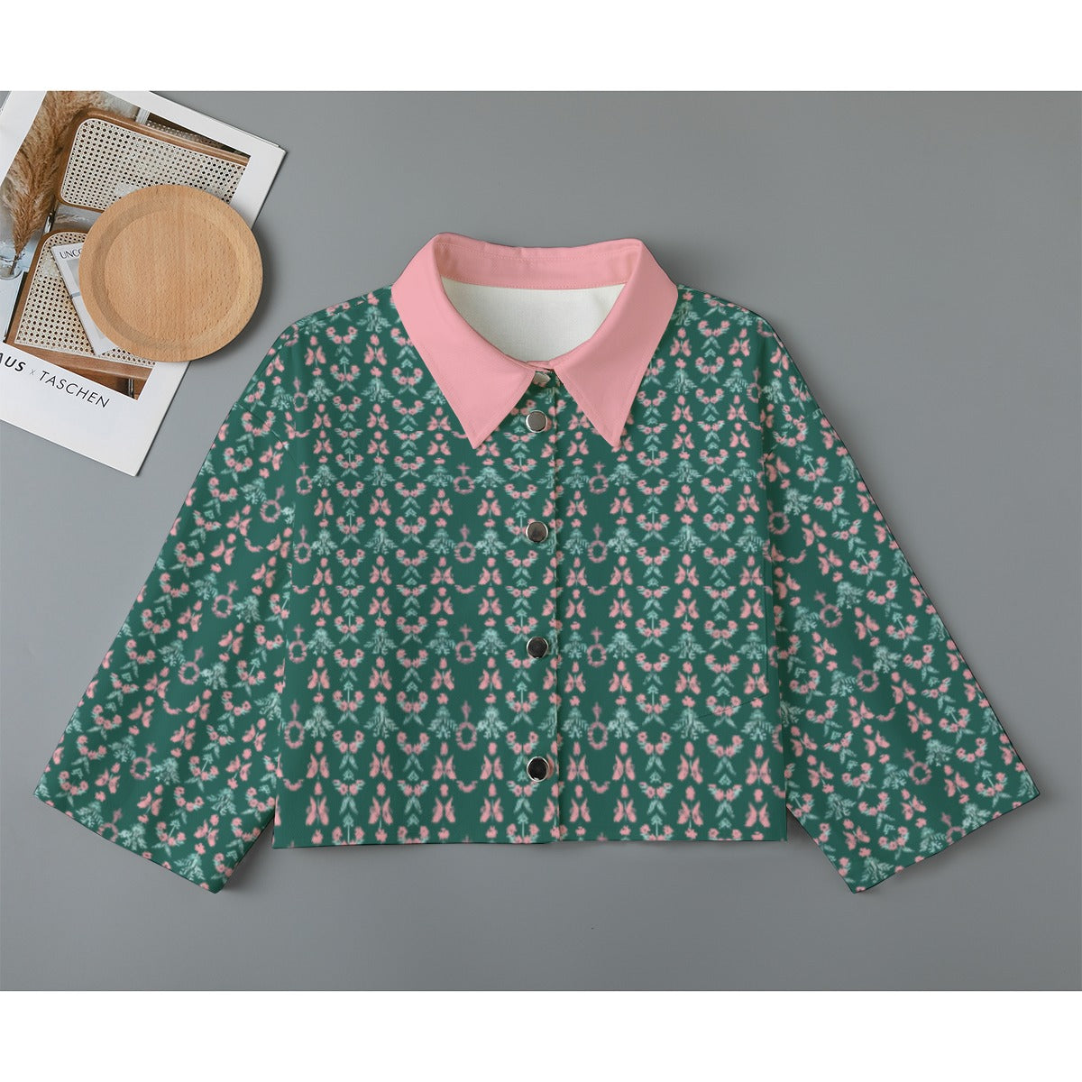 Chic AKA Essence Floral Cropped Cotton Jacket, Sorority-Inspired Fashion Statement, Pink Green Outerwear