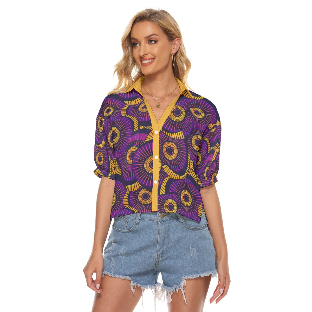 Vibrant African Print Women's V-Neck Shirt - Purple &amp; Orange Loose Fit Blouse