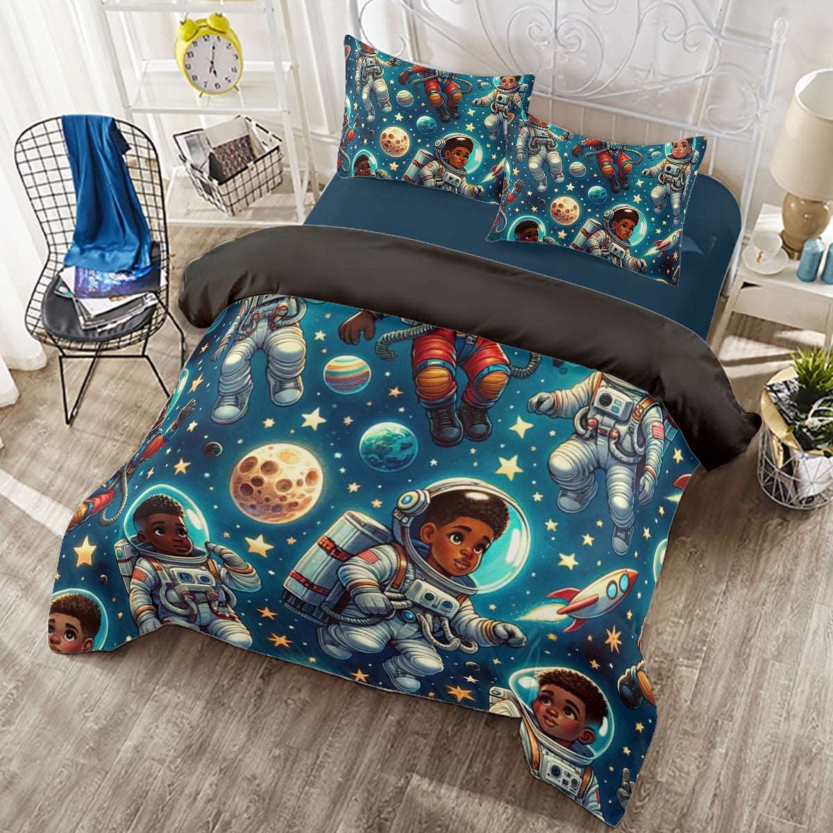 Astronaut-Themed 4 Piece Duvet Cover Set, Space Exploration Bedding Set, Black Boy Joy Space-Themed