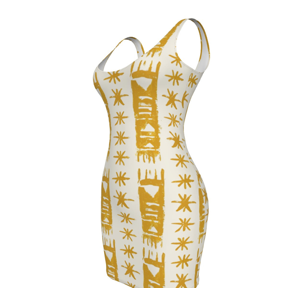 Earthy Yellow and Cream African Mud Cloth Print Bodycon Dress, Plus Size Tribal Print Dress