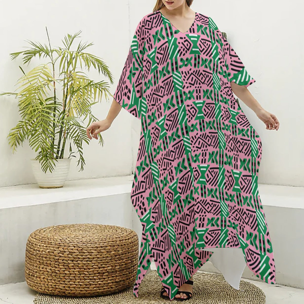 AKA Sorority Color Tribute African Mud Cloth Kaftan Dress, Pink & Green Imitation Silk Robe