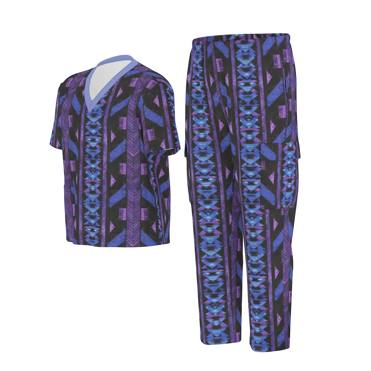 Purple & Blue African Print Unisex Scrub Set, Abstract Tribal Print Medical Uniform